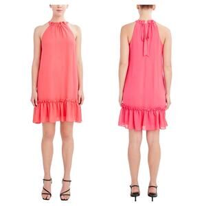 BCBG Women’s Pink Chiffon Ruffled w/ Pockets Mini Halter Dress Size M